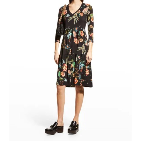 Johnny Was Bamboo Dress Small Ardell 3/4 Sleeve Tiered Knee Length Black Floral - Picture 3 of 10